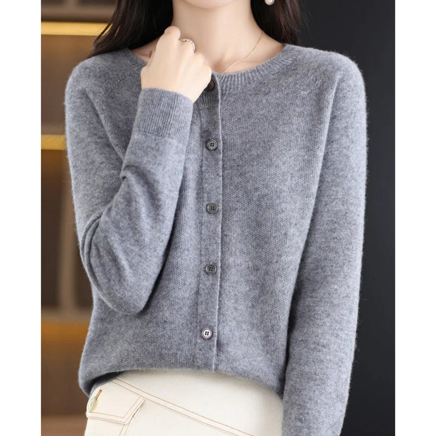 Zuivere Wollen Dames O-hals Cardigan Trui